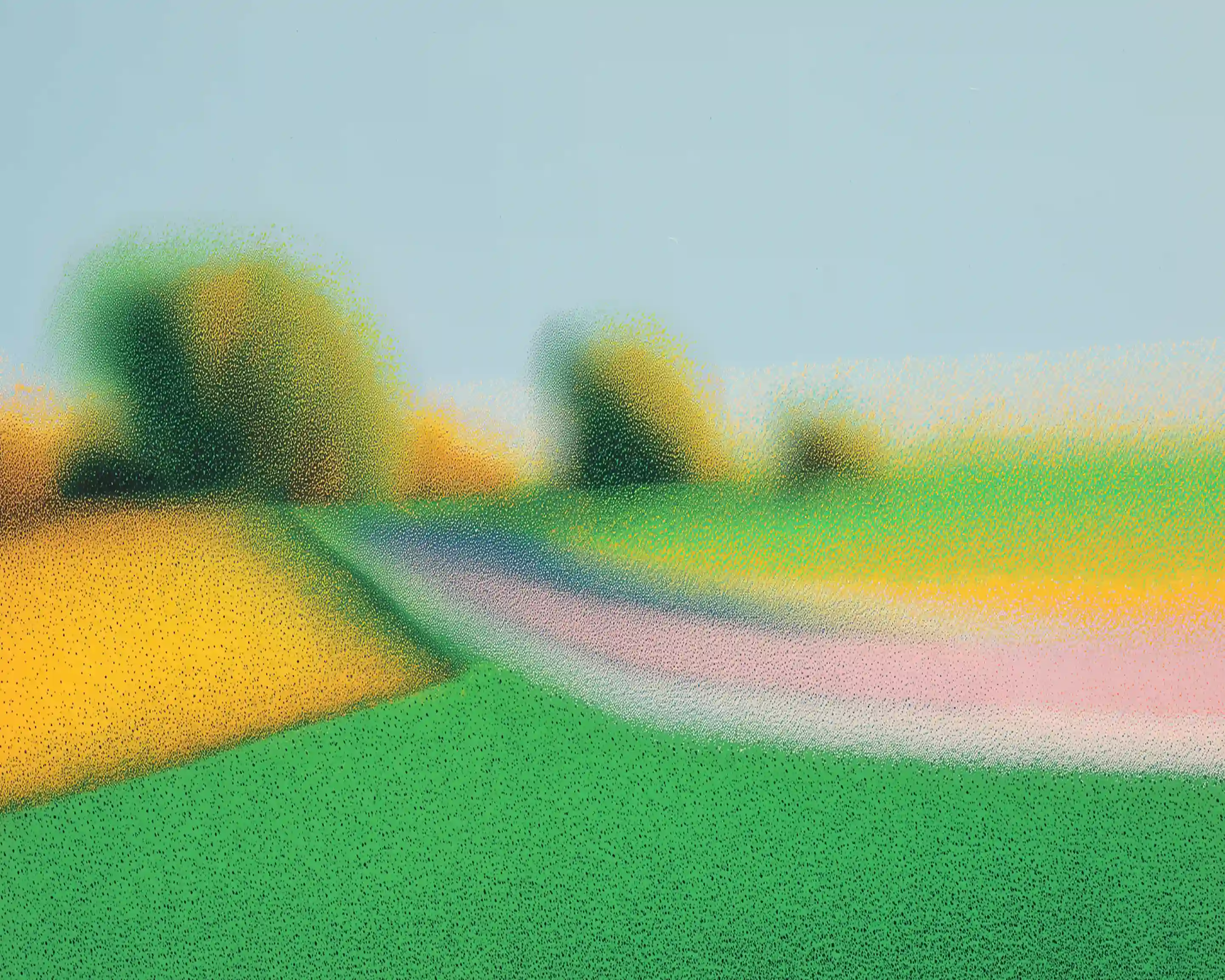 Pointillist-style landscape painting with green fields, a dirt path, and trees under a clear blue sky.