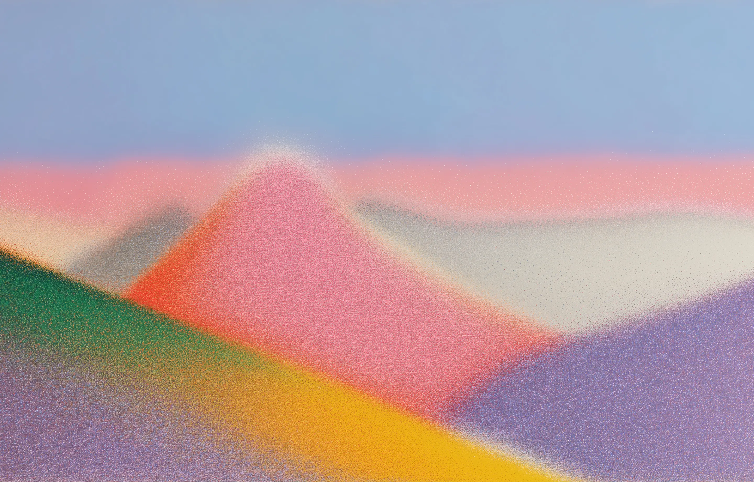 Abstract landscape with gradient hills in pink, green, yellow, purple, and blue under a soft blue sky.