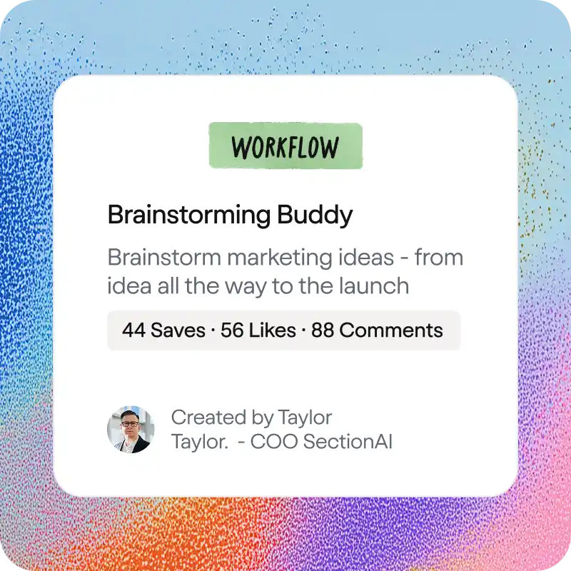 Card titled 'Brainstorming Buddy' under workflow, describing brainstorming marketing ideas from idea to launch, with 44 saves, 56 likes, and 88 comments, created by Taylor Taylor, COO of SectionAI.