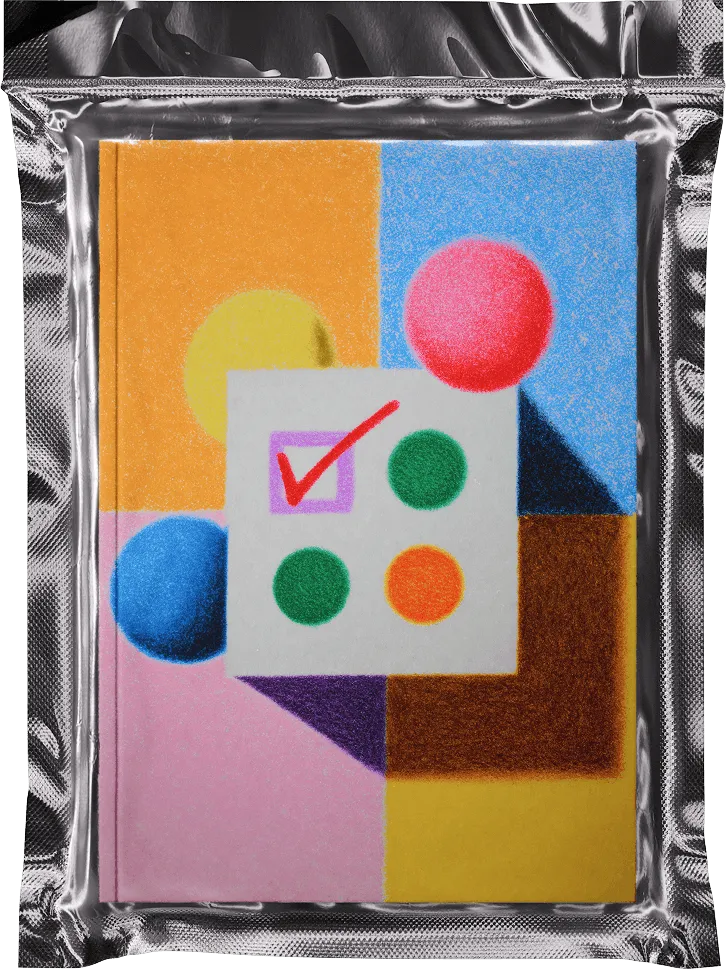 Colorful abstract artwork with circles and blocks in yellow, blue, pink, brown, and orange, featuring a red checkmark in a pink square.