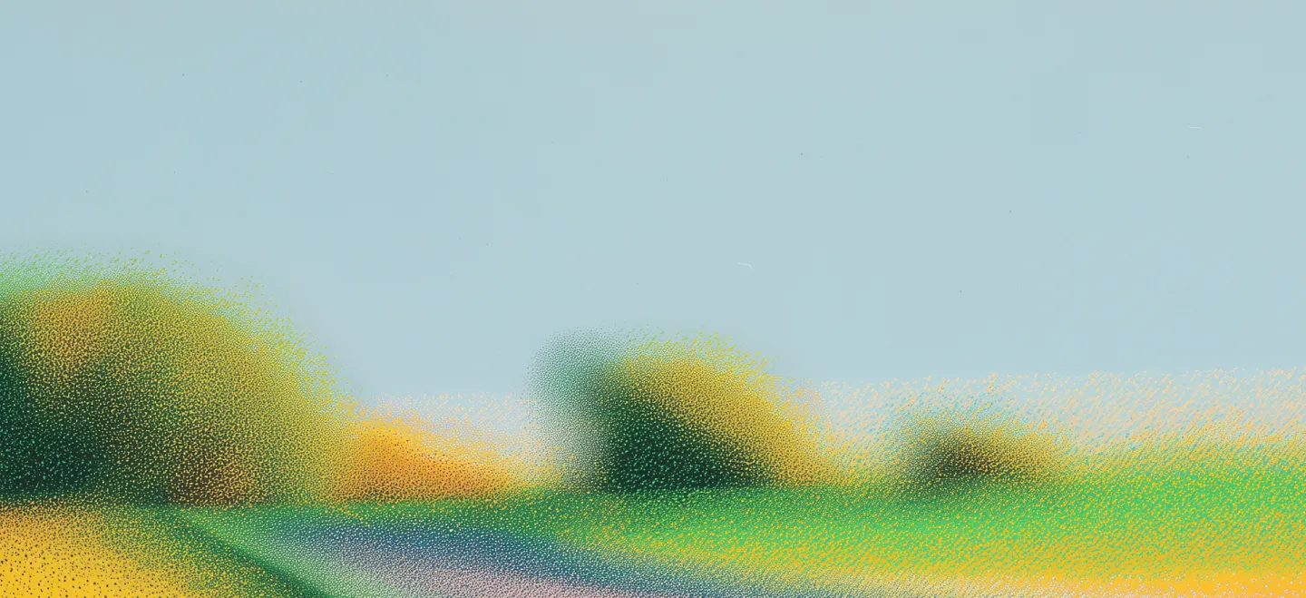 Digital art of a landscape with green and yellow foliage under a clear blue sky.