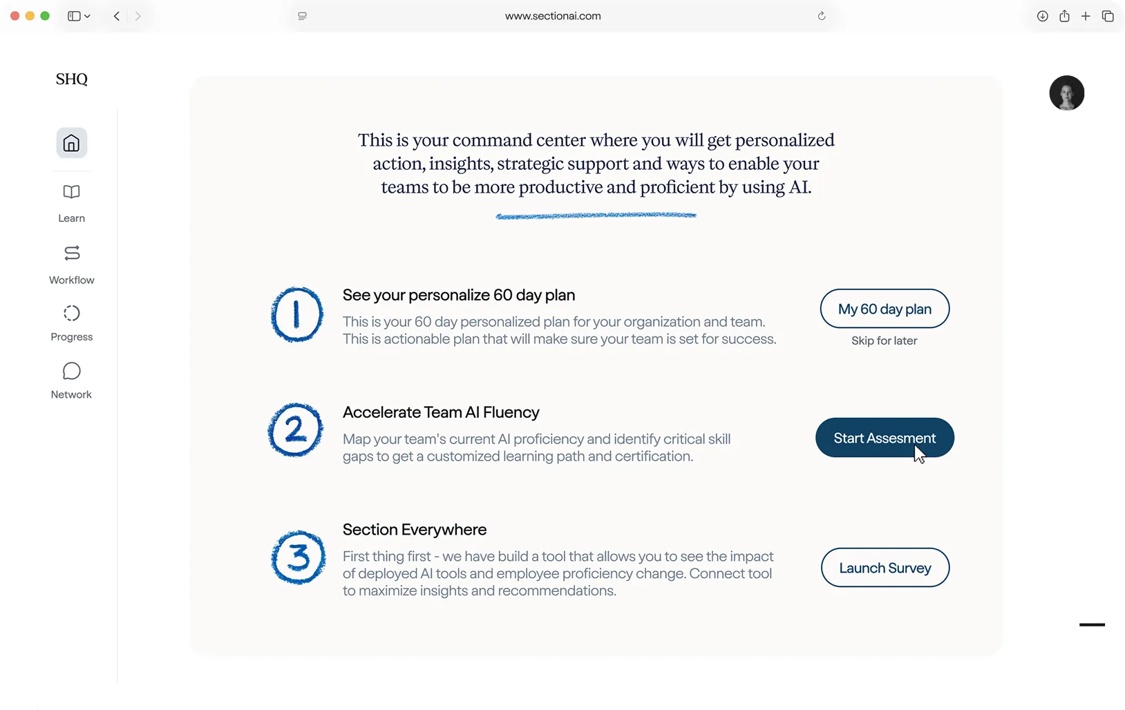 Dashboard interface showing a command center for personalized action and AI support with three steps: viewing a 60 day plan, accelerating team AI fluency, and accessing AI tool impact survey.