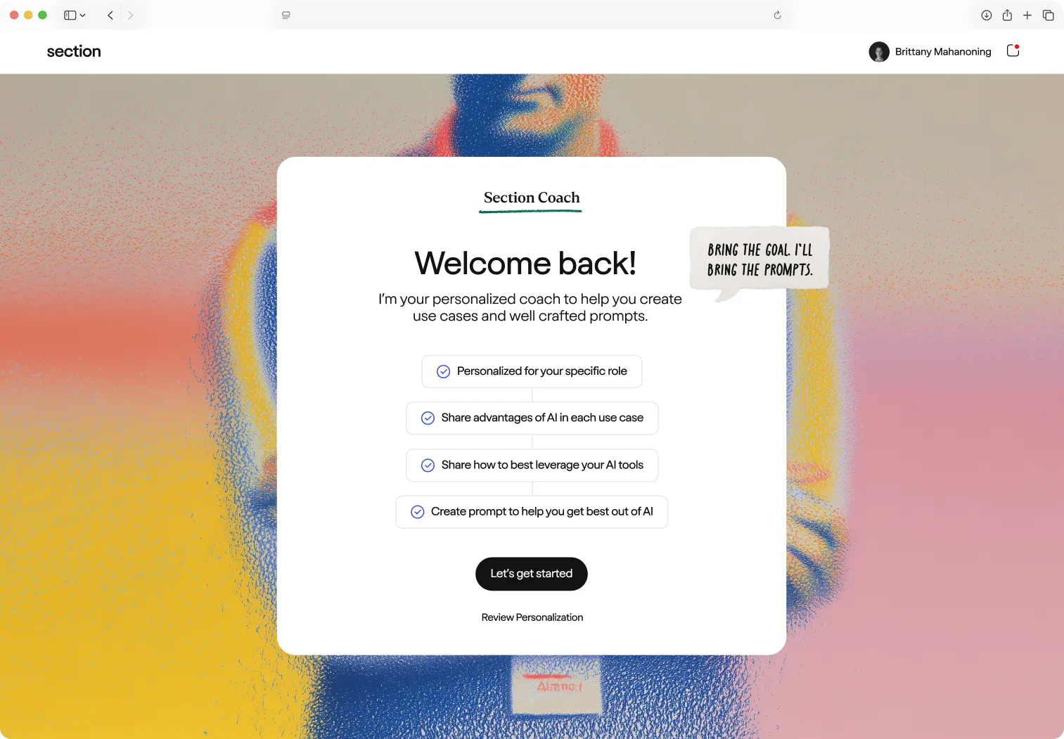 Website interface showing a Section Coach welcome screen with a list of personalized AI coaching features and a 'Let's get started' button.