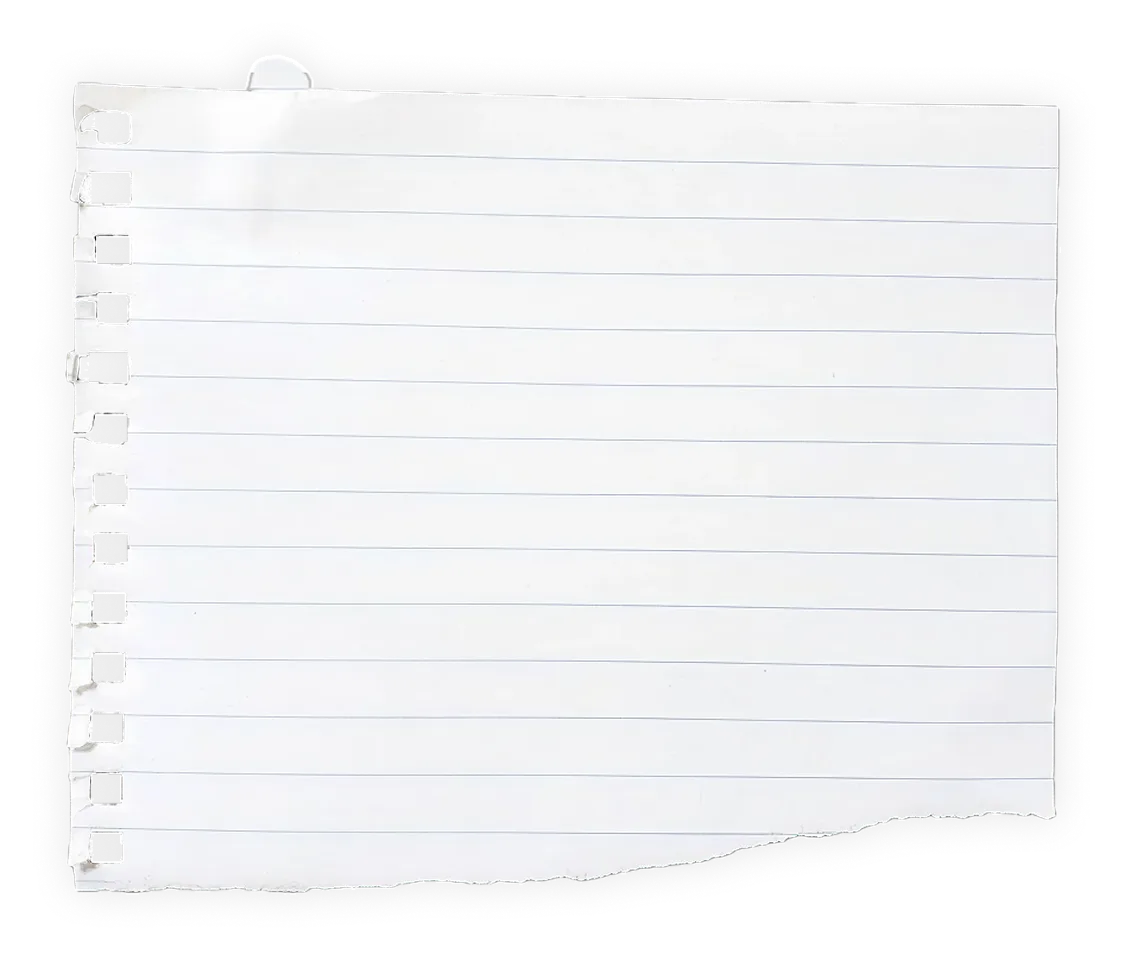 A torn piece of white lined notebook paper with holes along the left edge.