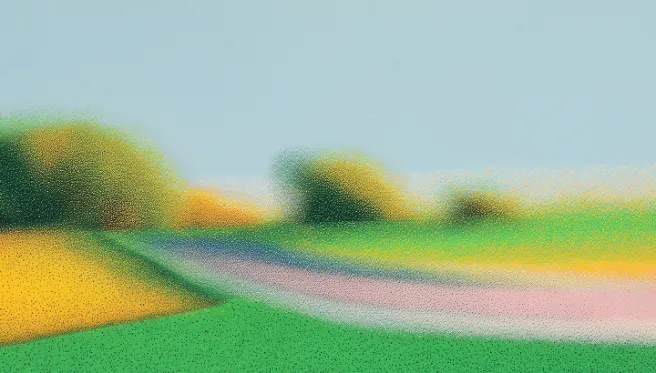 Blurred landscape with green grass, trees, and a path under a light blue sky.