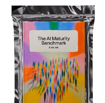 A sealed package with a colorful abstract design and text reading 'The AI Maturity Benchmark'.