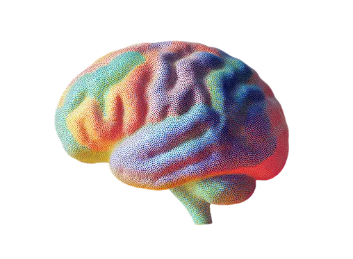 3D illustration of a human brain with colorful gradient texture on a black background.