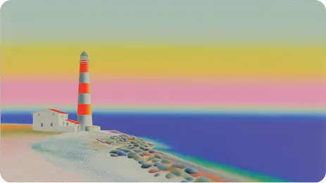 Lighthouse with red and white stripes next to a small building on a rocky shore at sunset with colorful sky and calm sea.