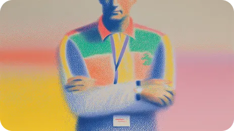 Man standing with arms crossed wearing a multicolored jacket against a colorful background.