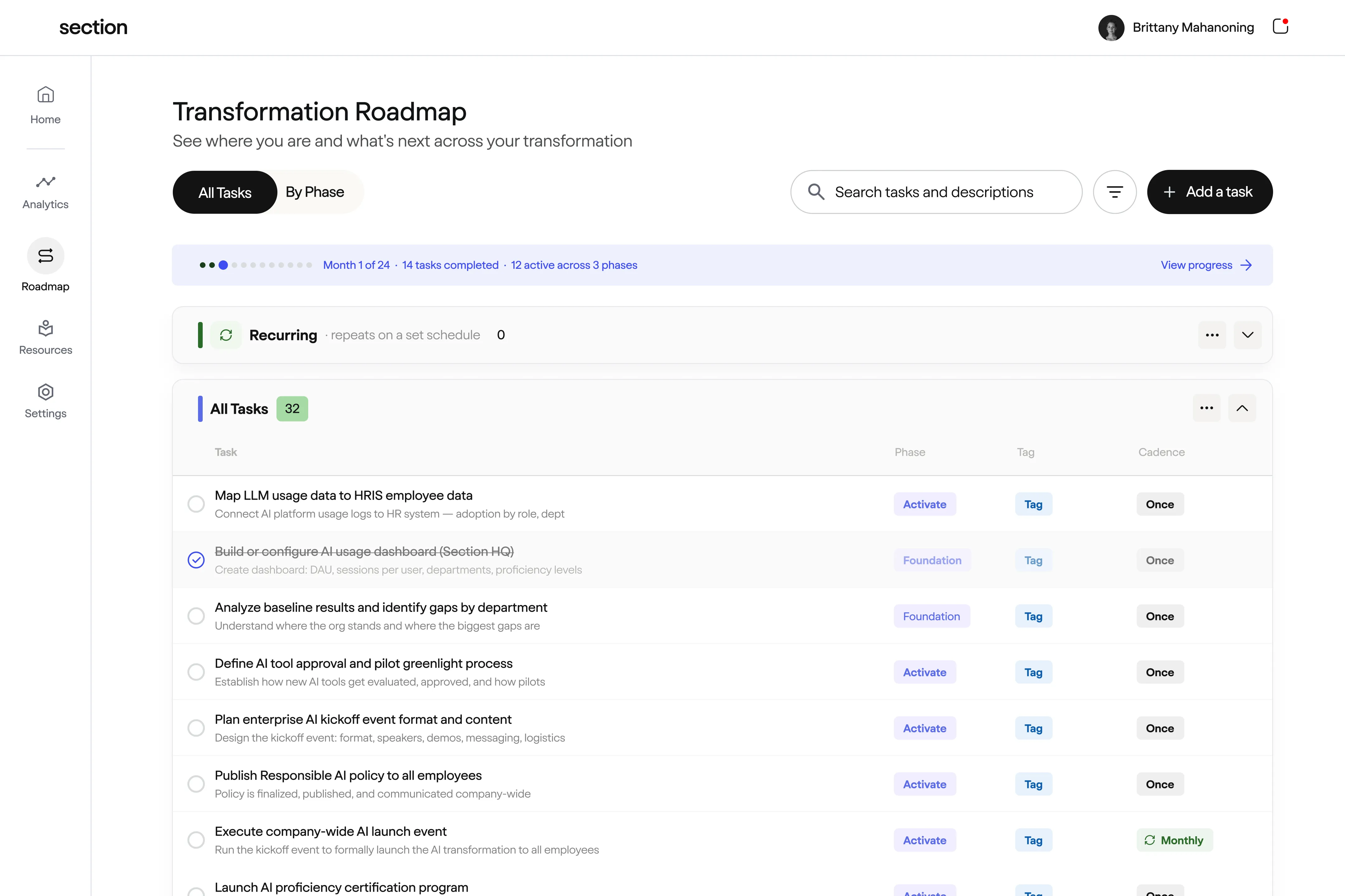 Transformation Roadmap interface listing tasks with phases, tags, and cadence, showing completed and active tasks in a clean dashboard layout.