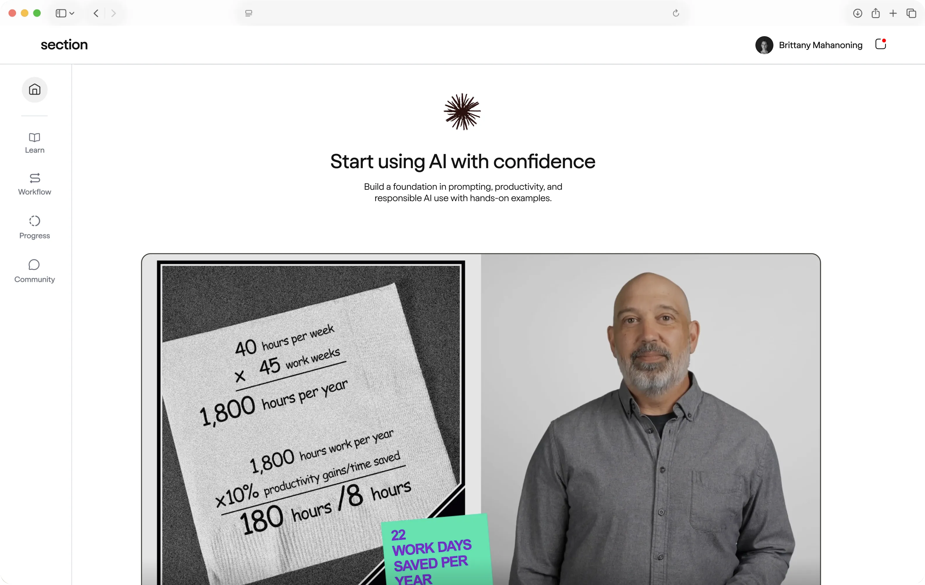 Webpage titled 'Start using AI with confidence' showing a man in a gray shirt next to a graphic calculating work hours saved per year with AI productivity gains.