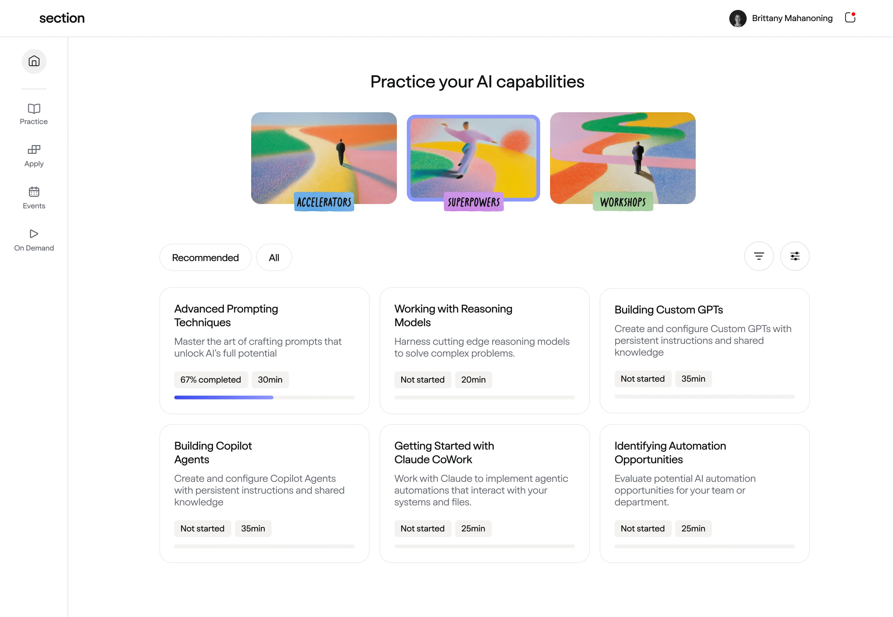 Dashboard interface titled 'Practice your AI capabilities' with sections for AI Accelerators, Superpowers, and Workshops and six AI skill-building modules with progress and time estimates.