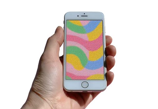 Hand holding a white smartphone displaying a colorful abstract pattern with wavy shapes in green, yellow, pink, and blue.