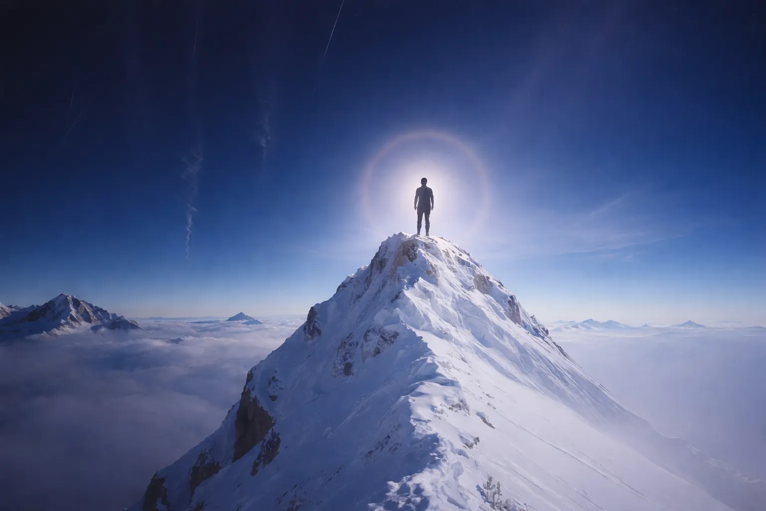Person standing on a snowy mountain peak under a clear blue sky with a halo effect around them.