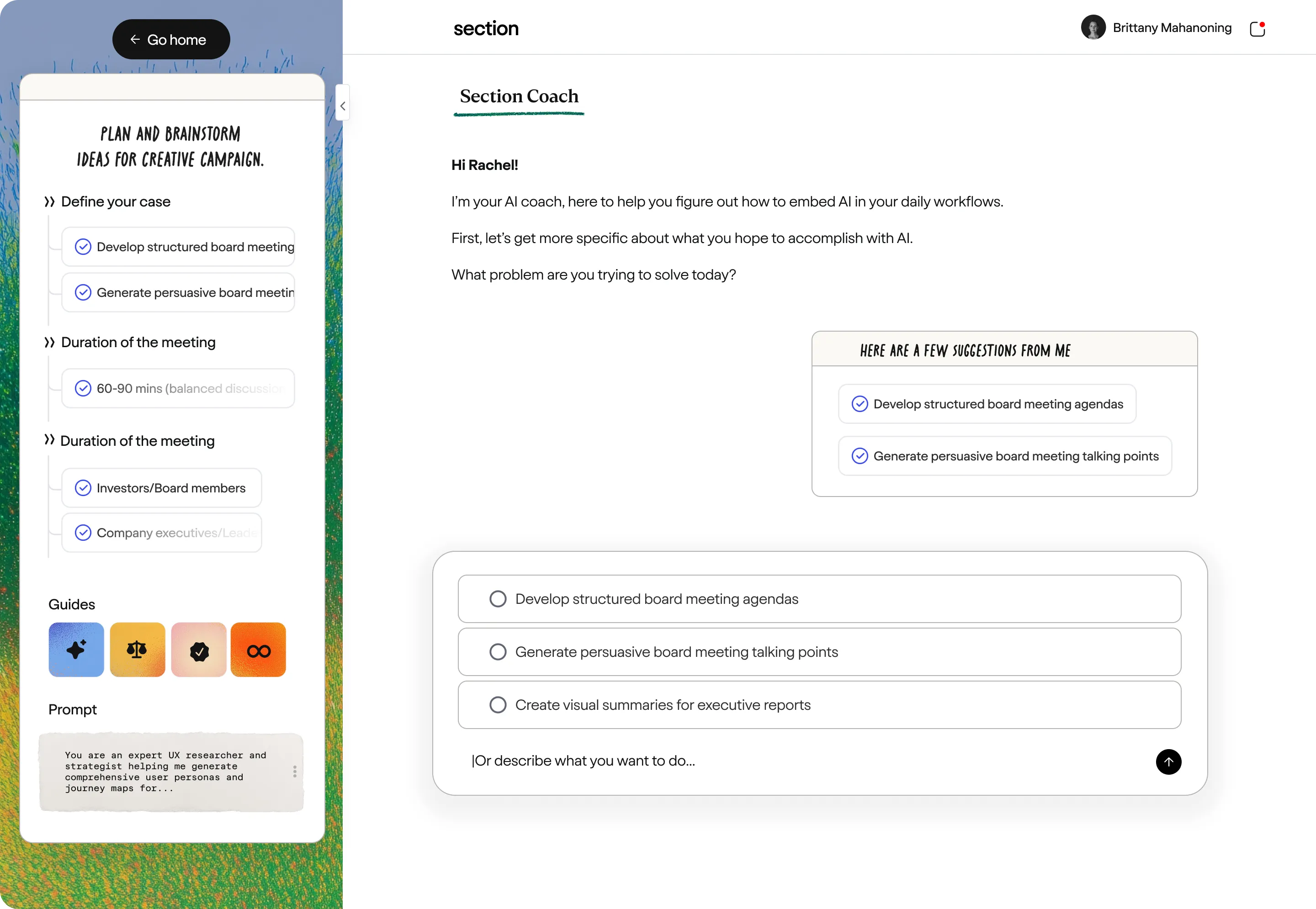 AI coaching interface showing a dialogue with 'Section Coach' helping user plan and brainstorm ideas for a creative campaign, including options for board meeting agendas and talking points.
