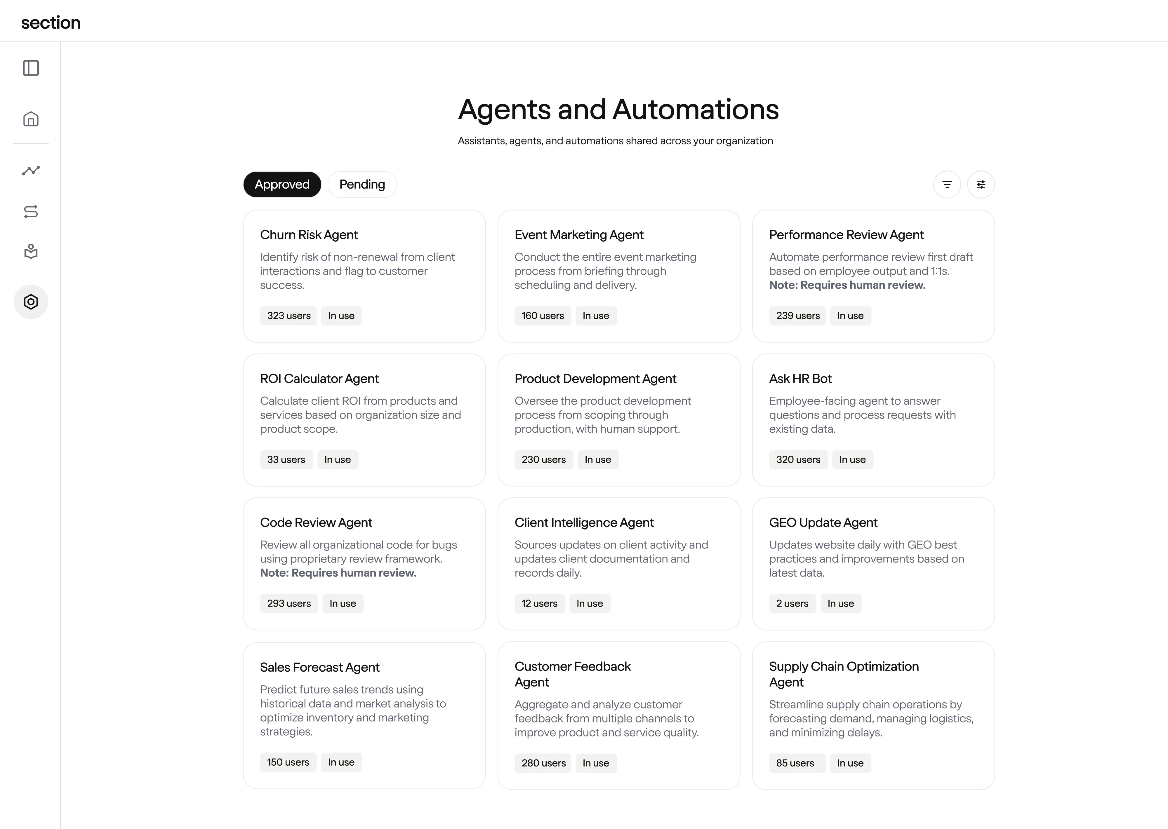 Dashboard showing a list of approved agents and automations with descriptions, user counts, and usage status in an organization.