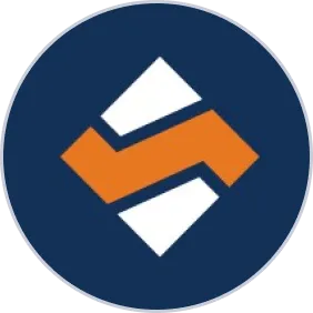 Abstract geometric logo featuring an interlocking orange and white shapes on a dark blue circular background.