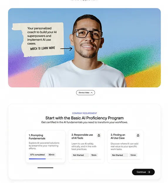 Smiling man with glasses against colorful background with text 'Your personalized coach to build your AI superpowers and implement AI use cases. Watch to learn more.' Below, a course interface titled 'Start with the Basic AI Proficiency Program' shows three modules: Prompting Fundamentals, Responsible use of AI Tools, and Finding an AI Use Case, with completion status and duration.