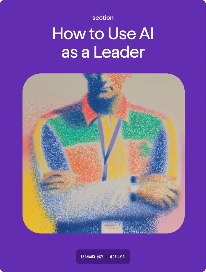 Illustration of a person with crossed arms wearing a colorful striped shirt and a lanyard, with text above reading 'How to Use AI as a Leader'.