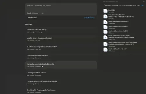 A screenshot of Claude's Project feature and how to use it for self reflection