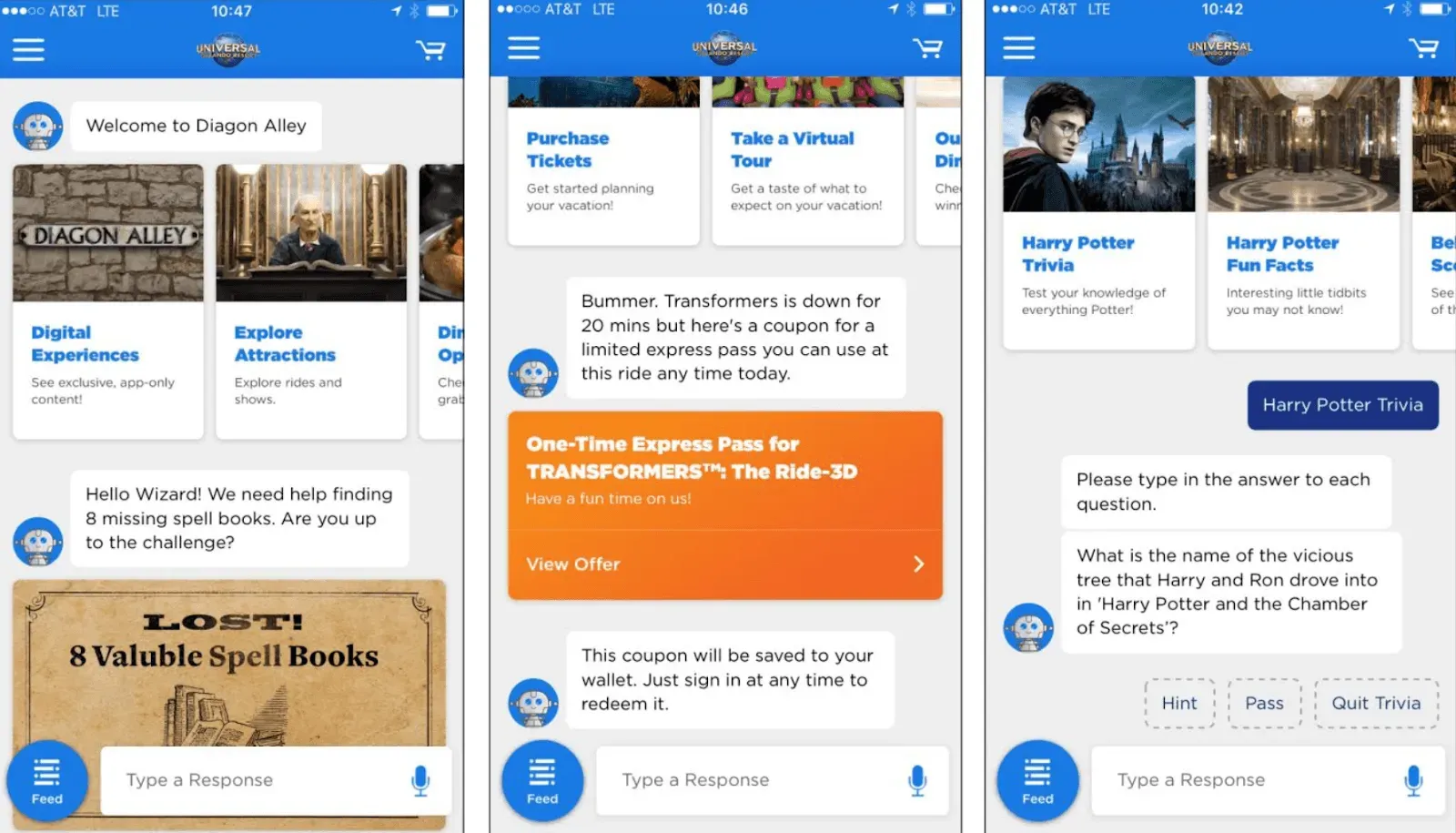 Screenshots of the AI agent that helps Universal park goers plan their trip