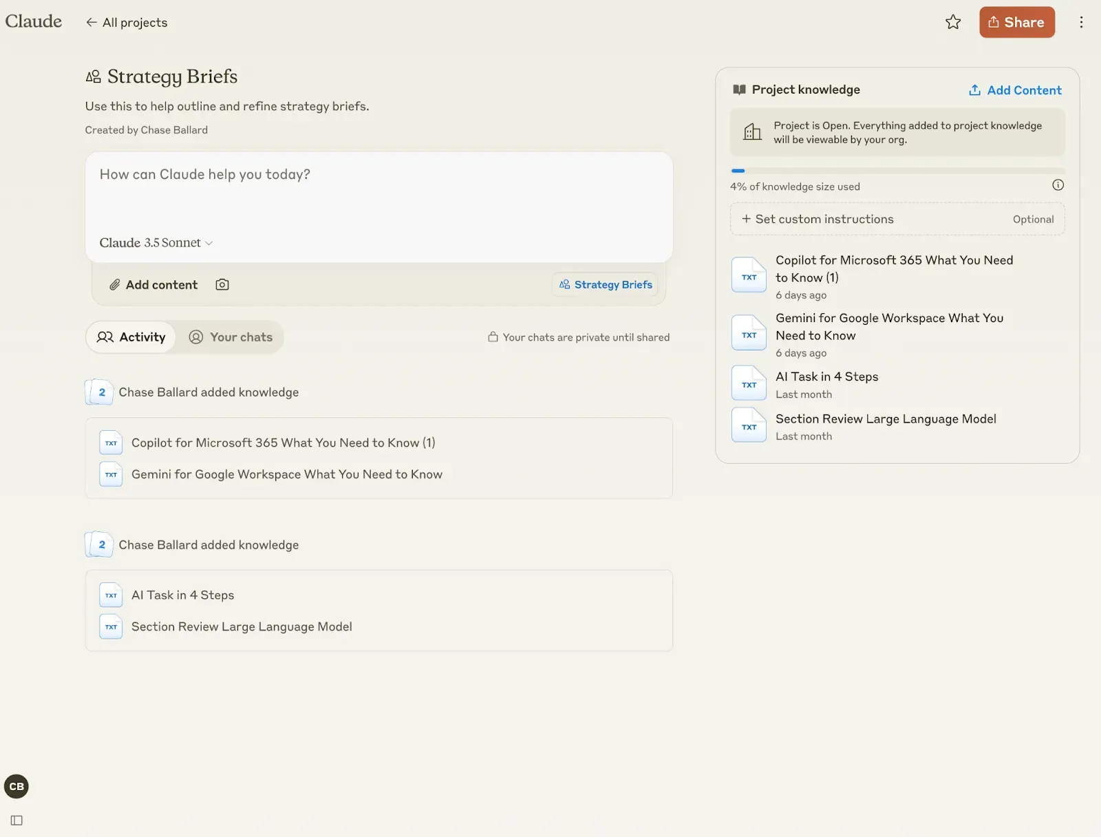 Screenshot of Anthropic's Claude for Teams feature, Projects