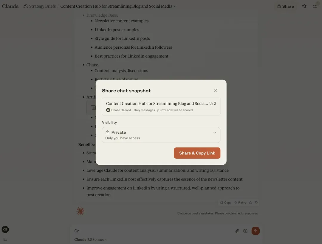 Screenshot of the privacy and collaboration settings of Claude's Projects feature