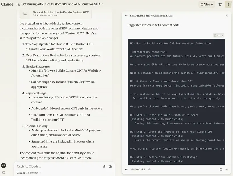 Screenshot of Claude's Artifacts feature, demonstrating how you can write code