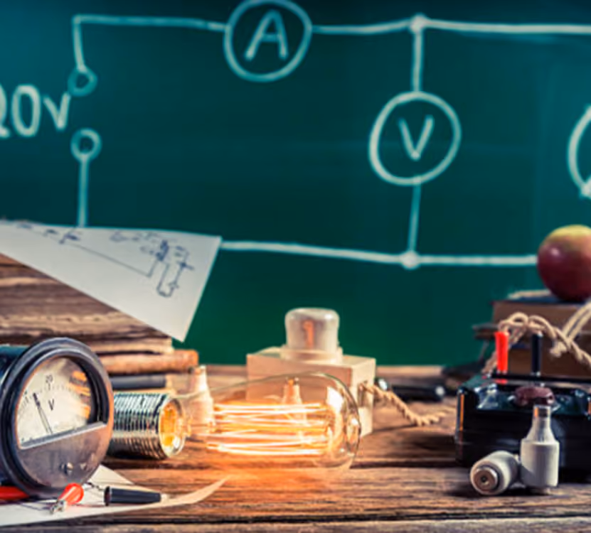 Vintage electronics items including a glowing bulb and voltmeter on a wooden table with a circuit diagram on chalkboard.