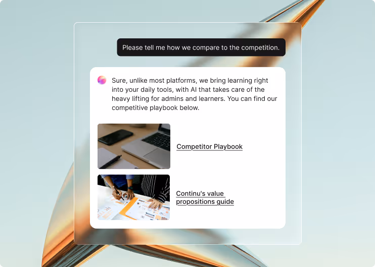 An example of conversational learning for a sales person asking about competitive differences.