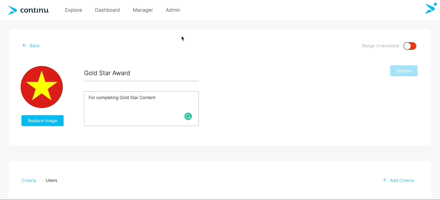 Create badges to award learners after completing assignments.