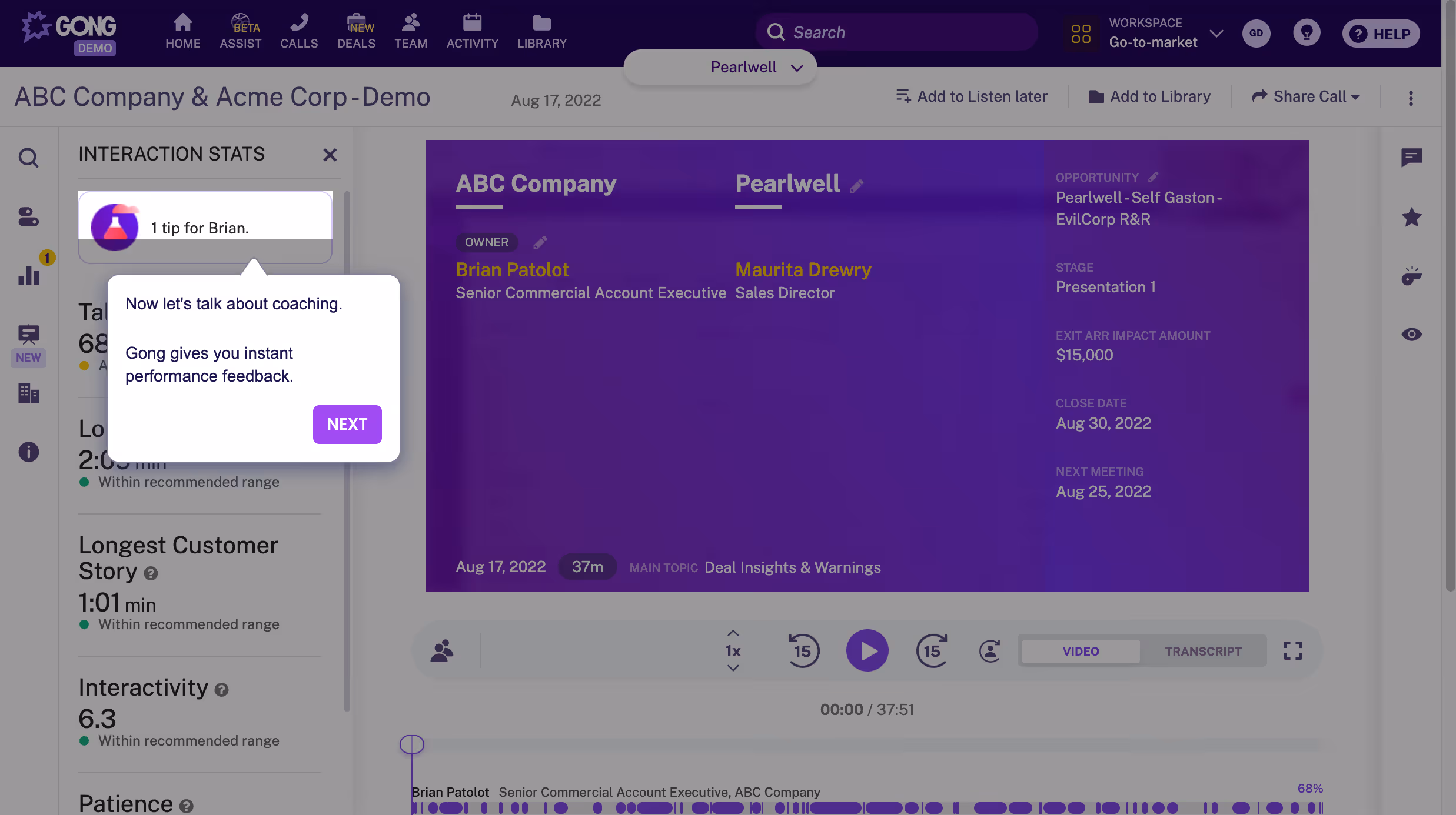 Gong implemented a solution-based demo to improve product adoption