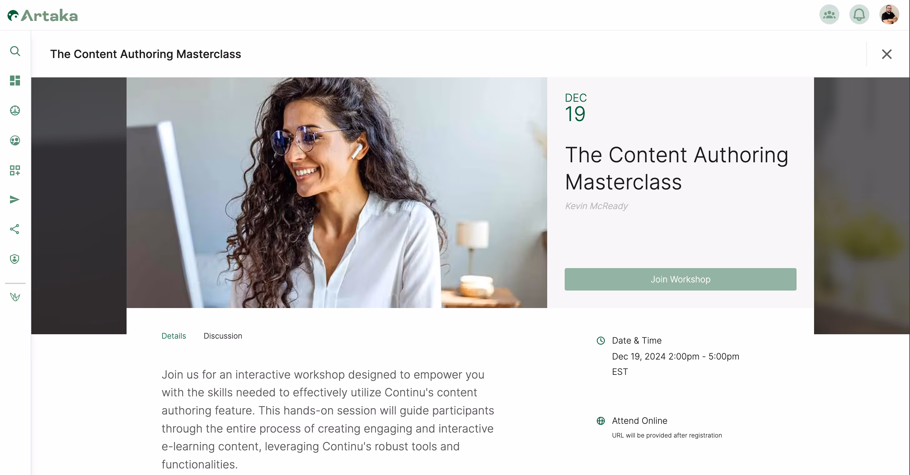 A live product training workshop created in Continu.