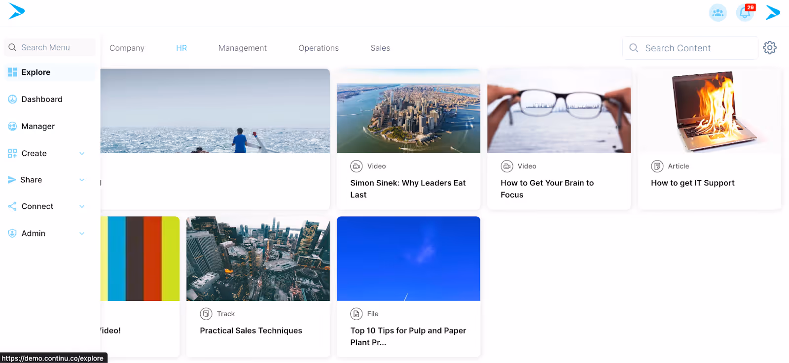 Continu allows employees to access training through the Explore page.