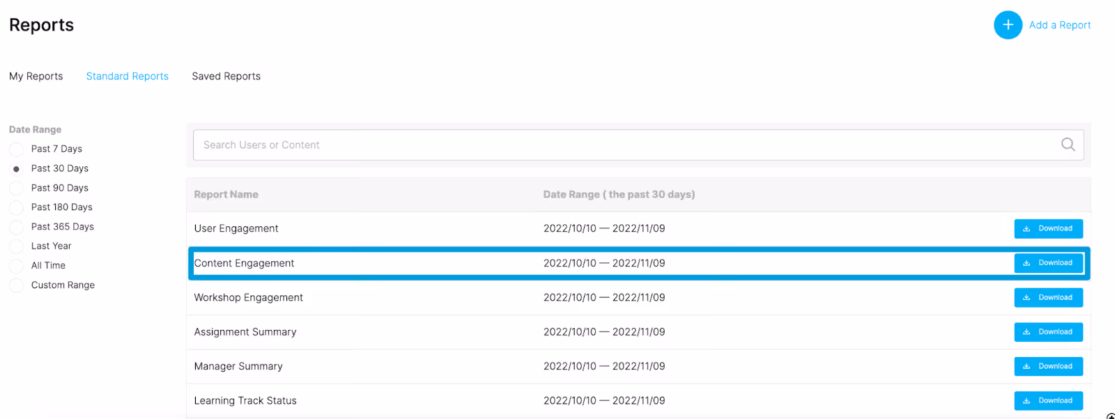 Download standard admin reports, such as Content Engagement to see if your training materials are engaging.