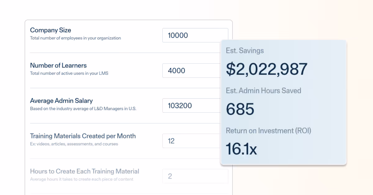 Illustration of an LMS ROI calculator showing total time and money savings.