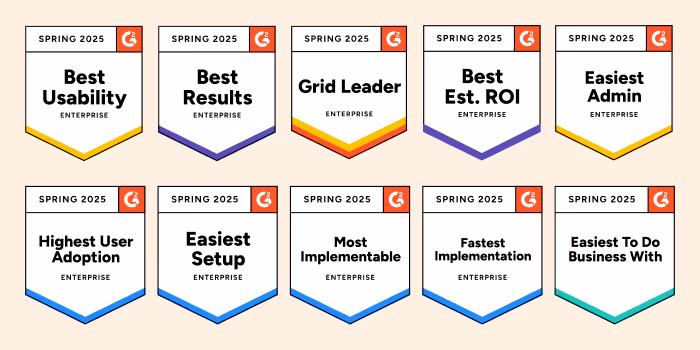 A compilation of Continu's most impressive G2 Badges from the Spring 2025 report.