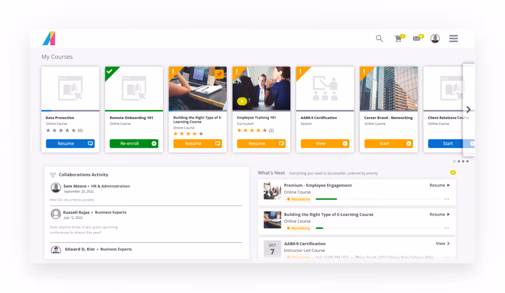 Absorb LMS dashboard showing learner portal, progress tracking and analytics charts