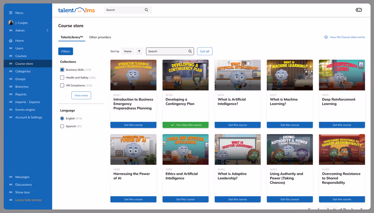 TalentLMS dashboard showing course catalog, AI course builder and progress analytics