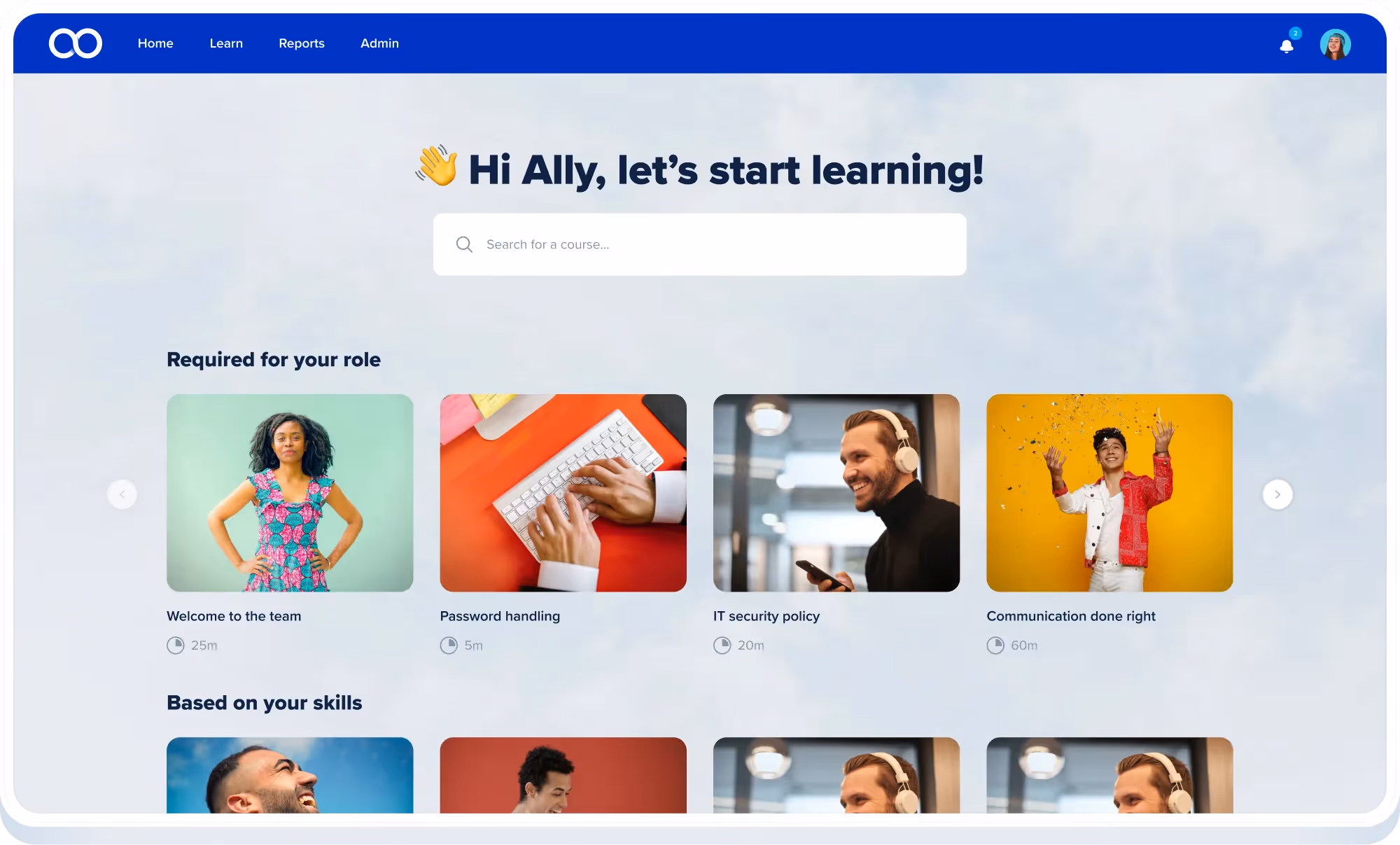 Eloomi learning and performance management platform dashboard