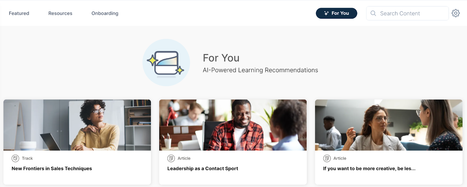 An example of Continu's AI "For You" personalized learning recommendations.