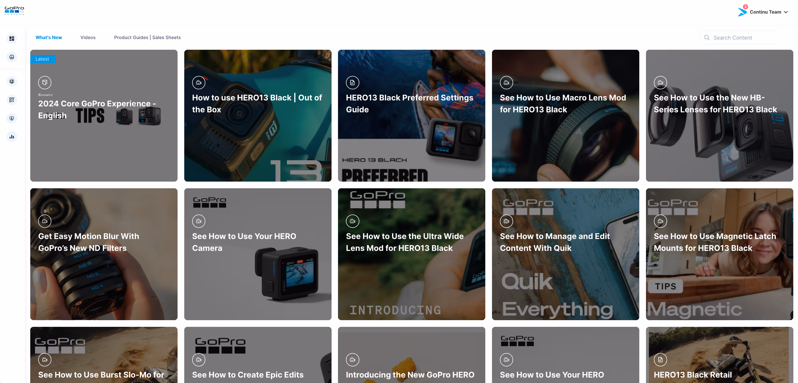 GoPro's Explore dashboard with relevant product training courses for customers and partners.