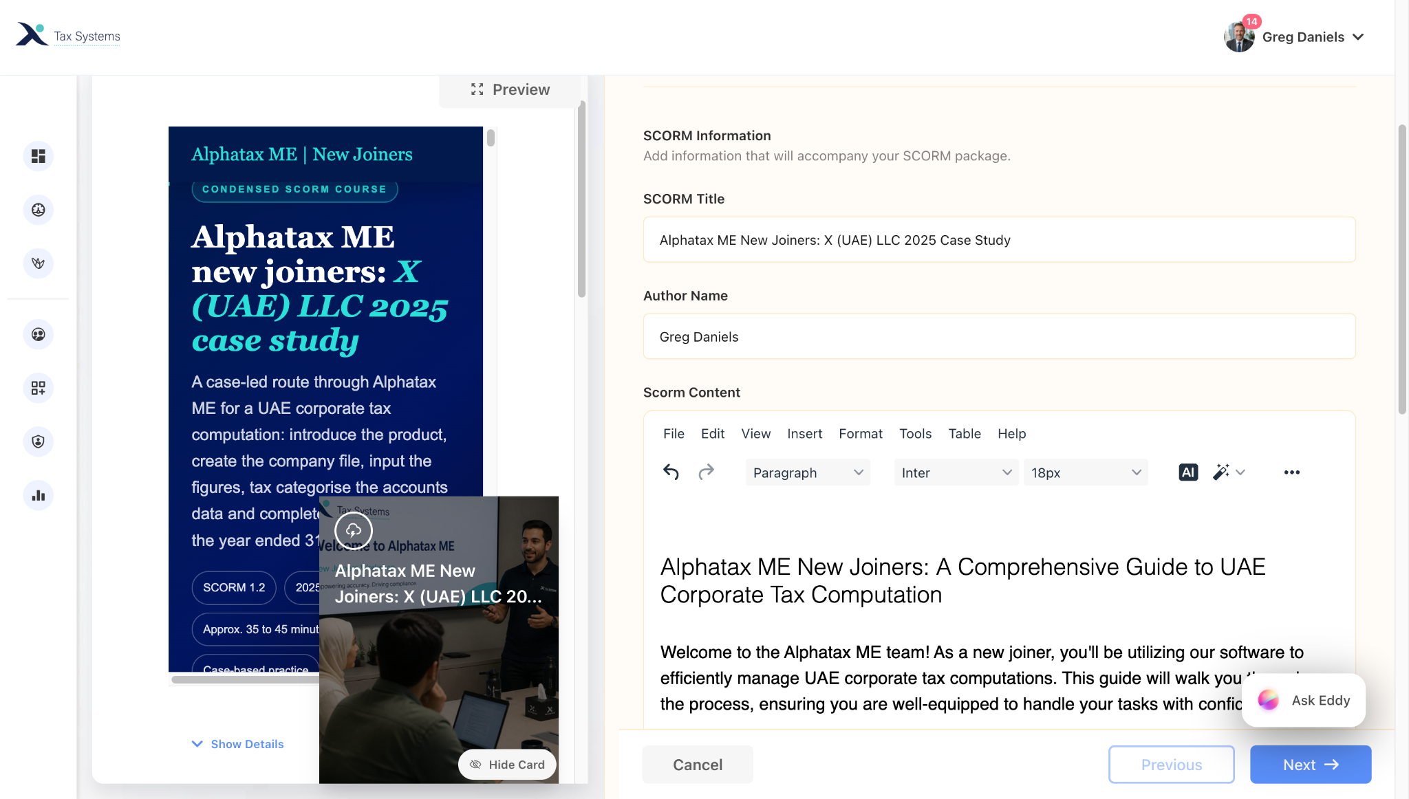 Custom Tax Systems SCORM content course added in Continu's content authoring tool.