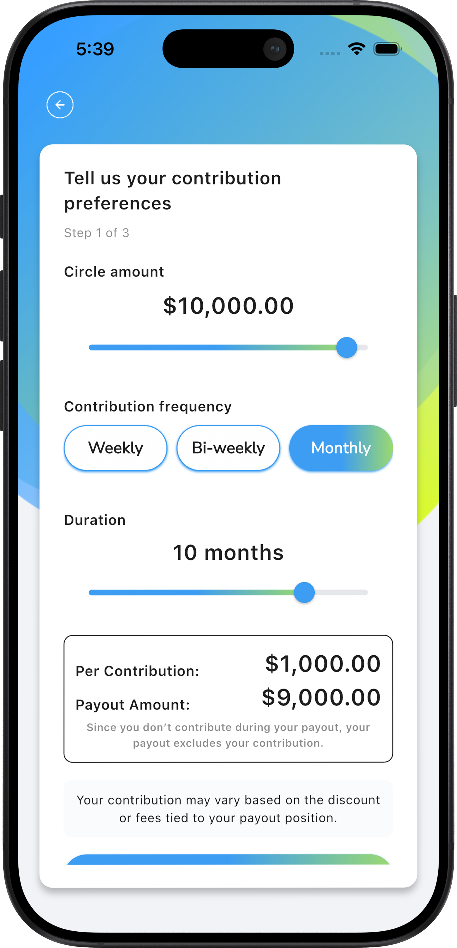 Mobile screen showing contribution preferences form with $10,000 circle amount, monthly frequency, 10 months duration, $1,000 per contribution, and $9,000 payout amount.