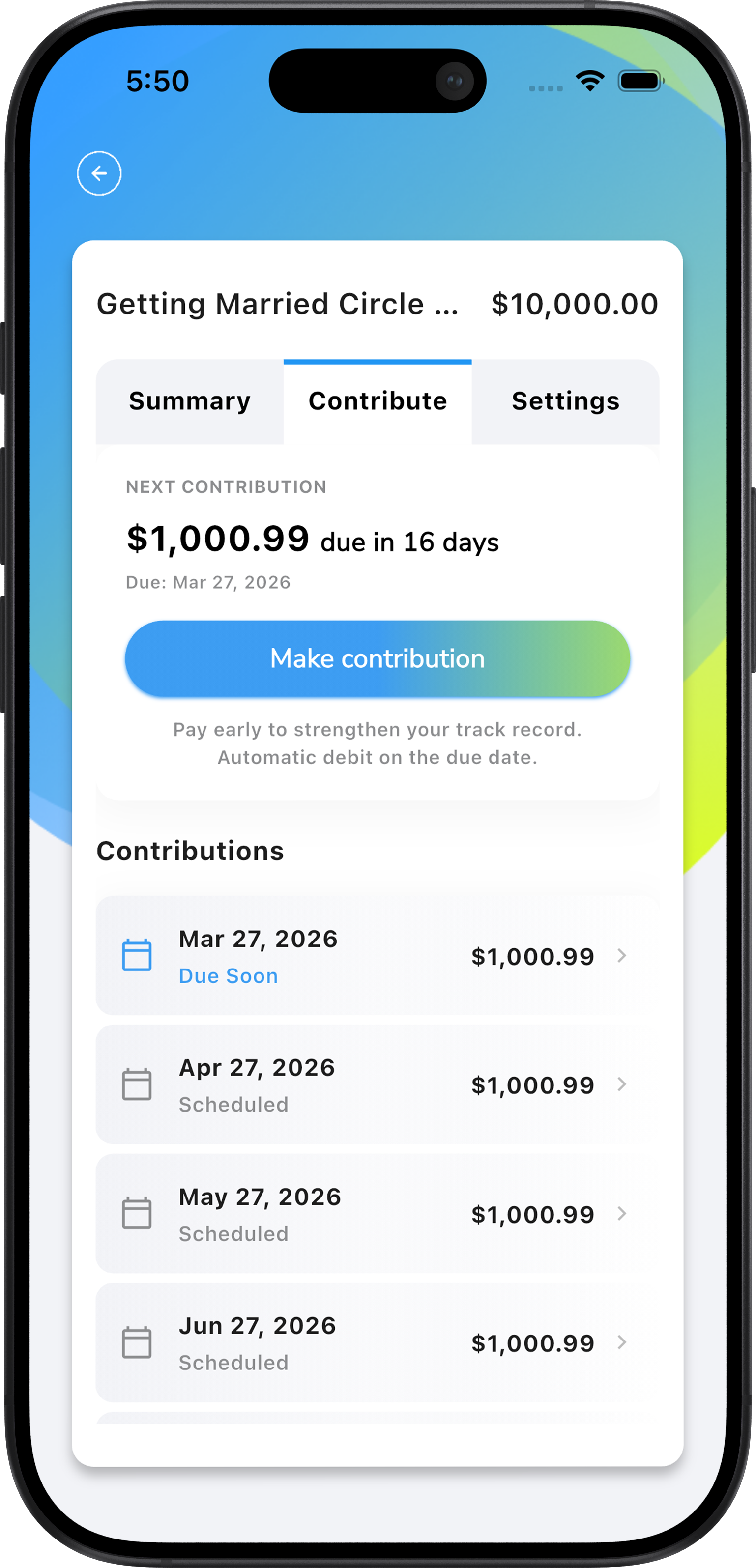 Smartphone screen showing 'Getting Married Circle' savings with $10,000 total and next $1,003.07 contribution due in 7 days on April 1, 2026, with scheduled monthly contributions listed.