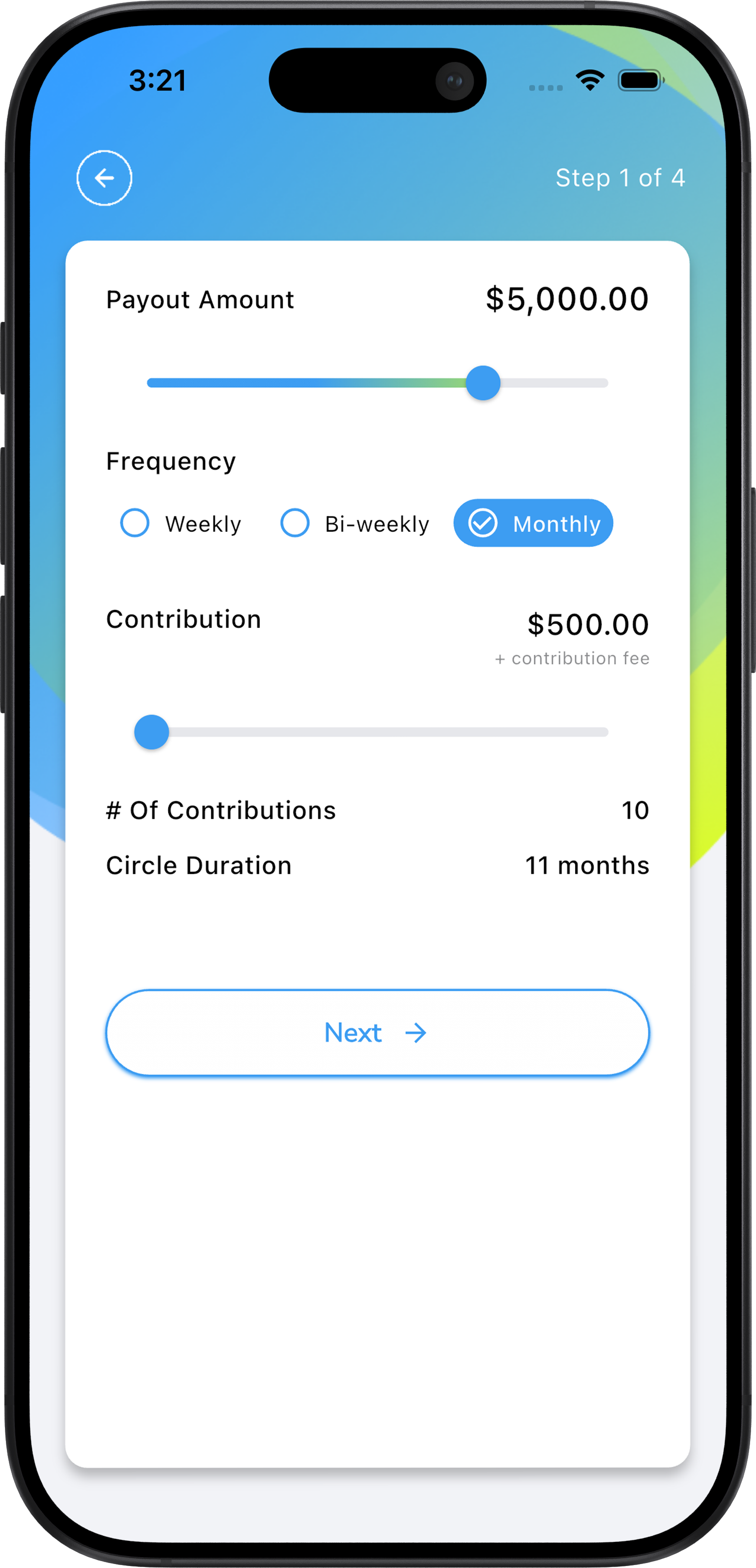 Mobile screen showing contribution preferences form with $10,000 circle amount, monthly frequency, 10 months duration, $1,000 per contribution, and $9,000 payout amount.