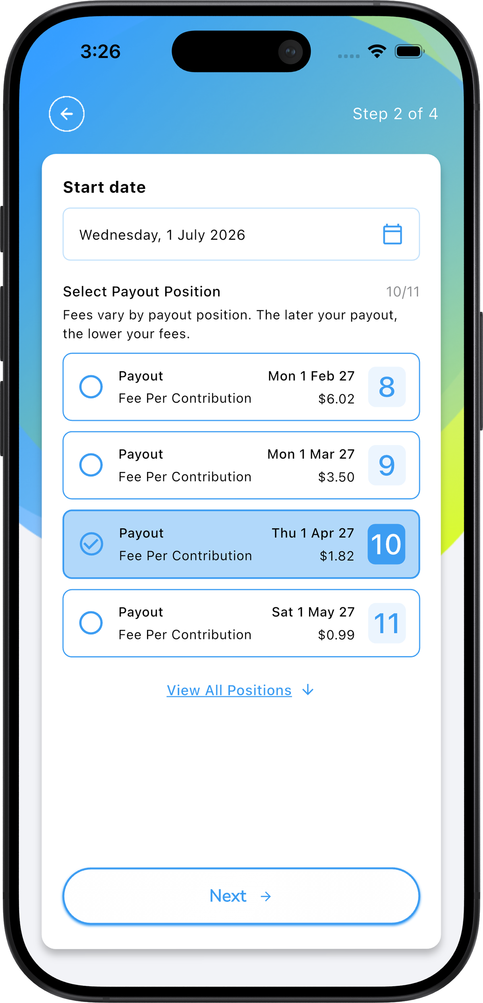 Mobile screen displaying payout slot selection with start date Fri, Mar 27 and slot 10 of 10 on Sun, Dec 27 with $0 fees and $9,000 payout, and a continue button.