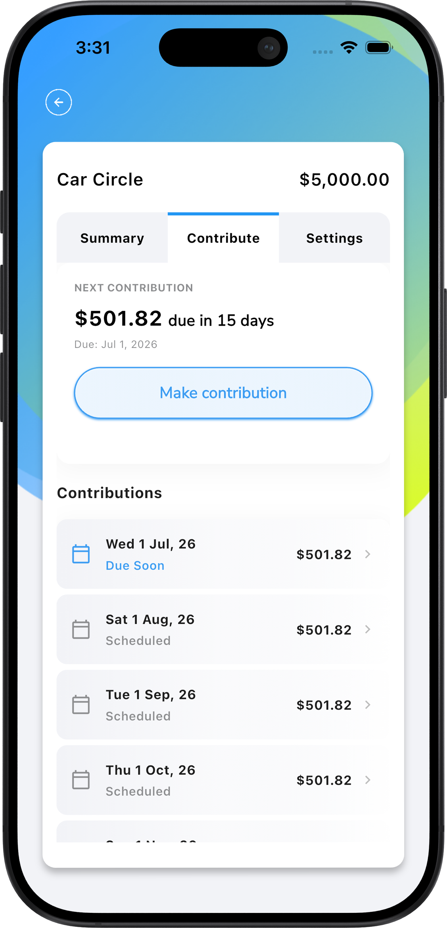 Smartphone screen showing 'Getting Married Circle' savings with $10,000 total and next $1,003.07 contribution due in 7 days on April 1, 2026, with scheduled monthly contributions listed.