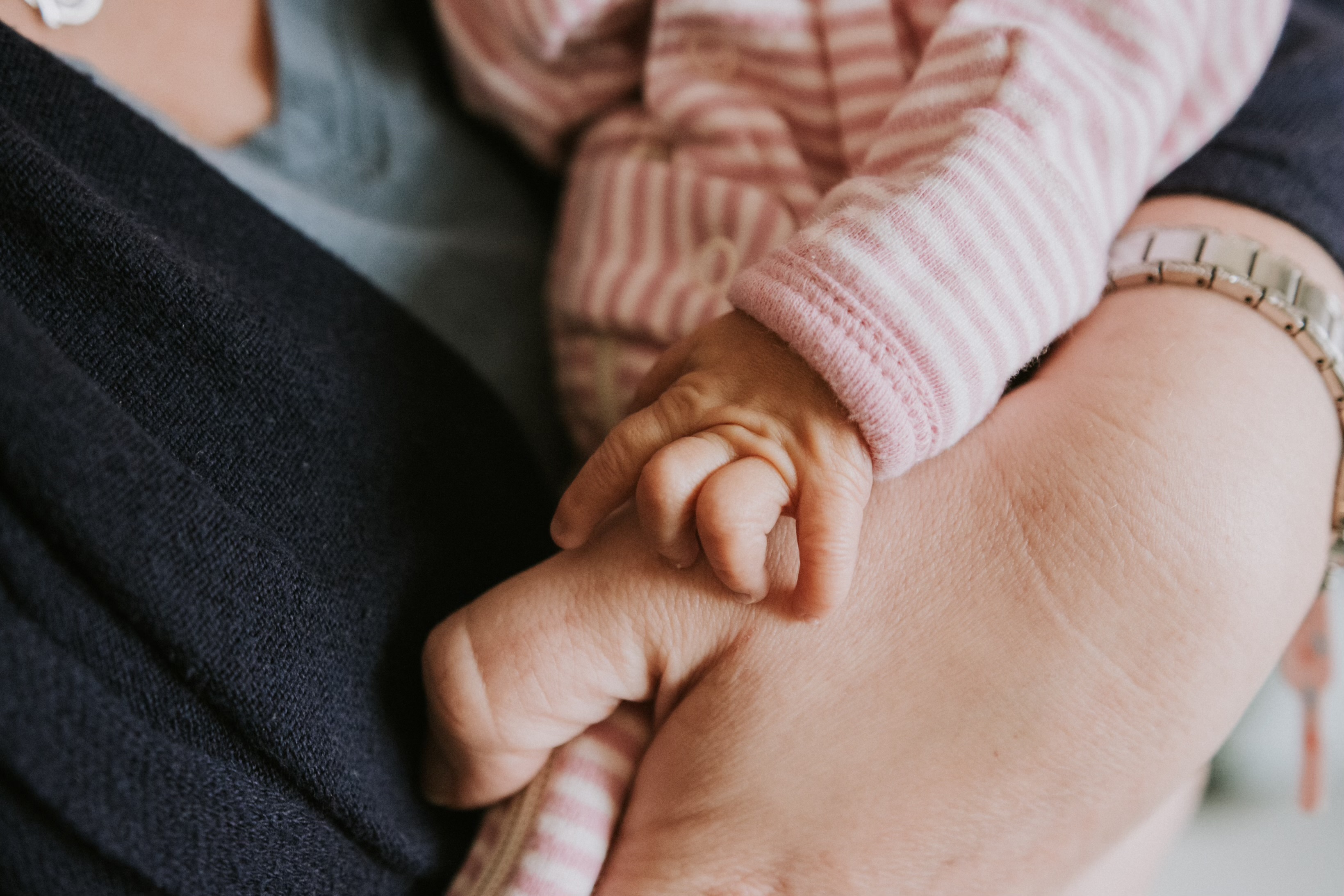 Close-up of a baby in pink striped clothes holding an adult's hand wearing a watch.