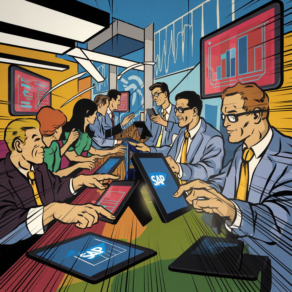 Illustration von Geschäftsleuten in einem modernen Büro mit Tablets und SAP-Logo